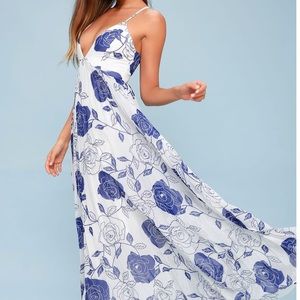 Dhalia Blue and White Floral Print Maxi Dress